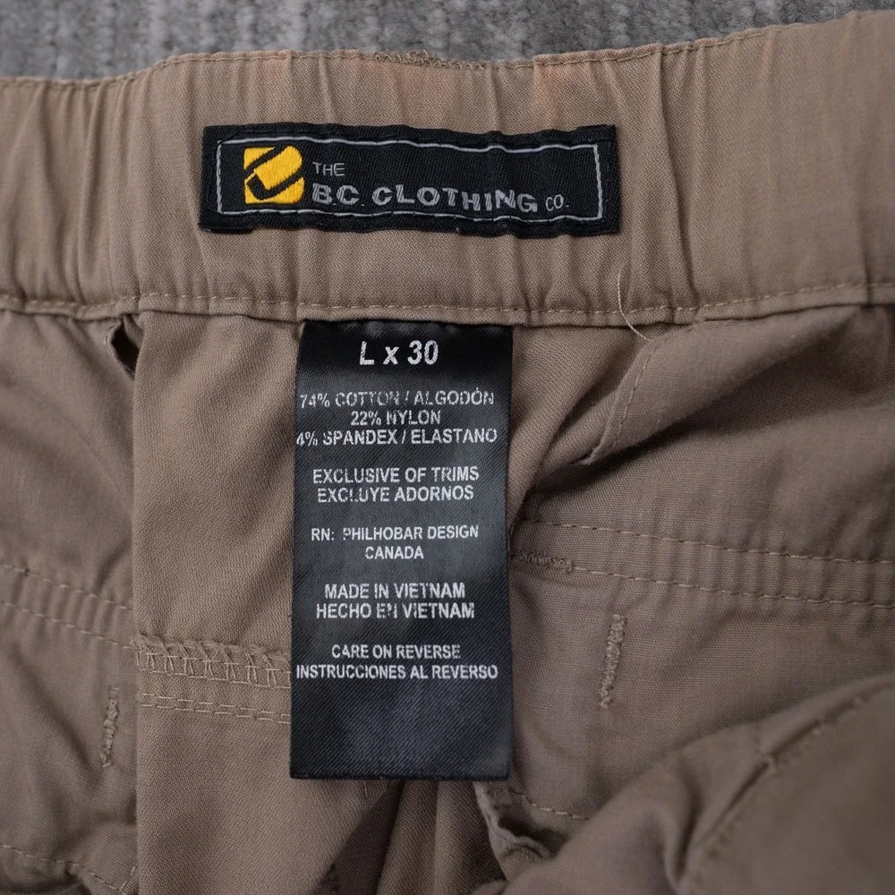 BC Clothing Co Men Tan Khaki Convertible Cargo Shorts Stretch Belted Size L x 30